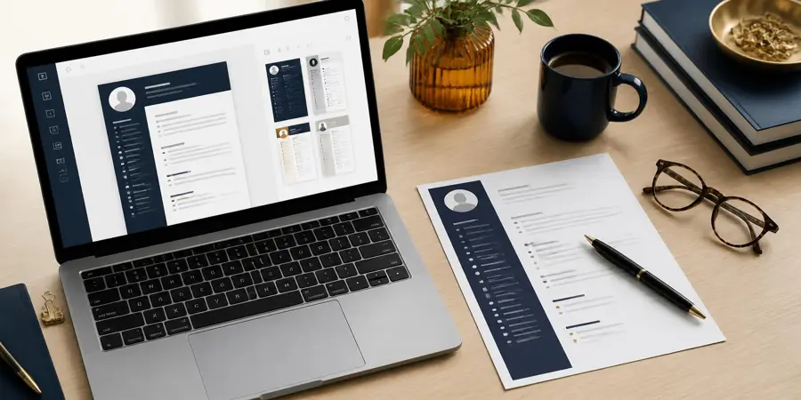 Laptop z kreatorem CV obok profesjonalnie przygotowanego CV na biurku