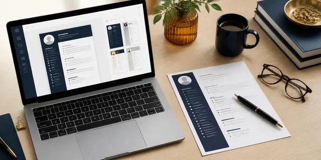 Laptop z kreatorem CV obok profesjonalnie przygotowanego CV na biurku